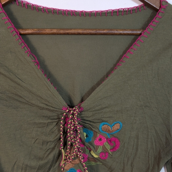 Have Olive Green Embroidery V Neck Long Sleeve Rayon Cotton Tee Shirt - Picture 9 of 11